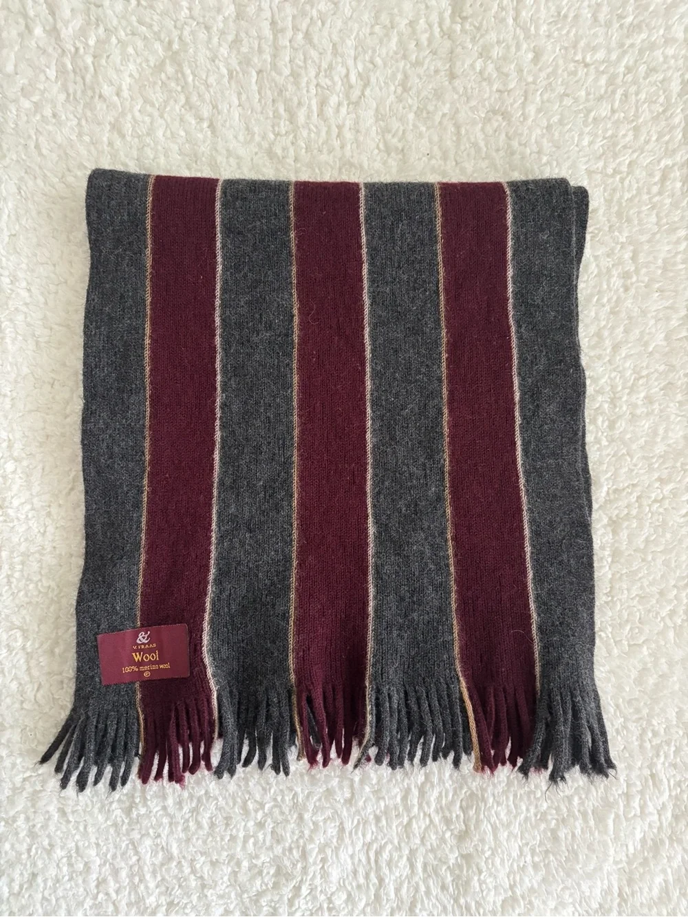 V. Fraas 100% Merino Wool Scarf Gray Burgundy Striped Fringe Long 57in
